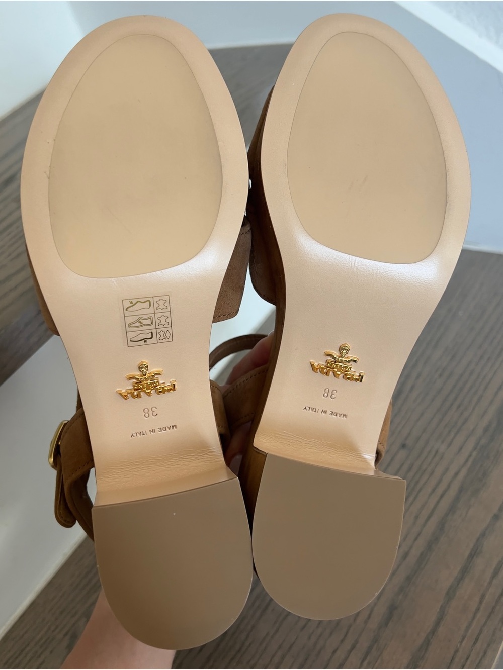 Prada Triangle Suede Platform Sandals in Camel Brown NWOB - Picture 11 of 12